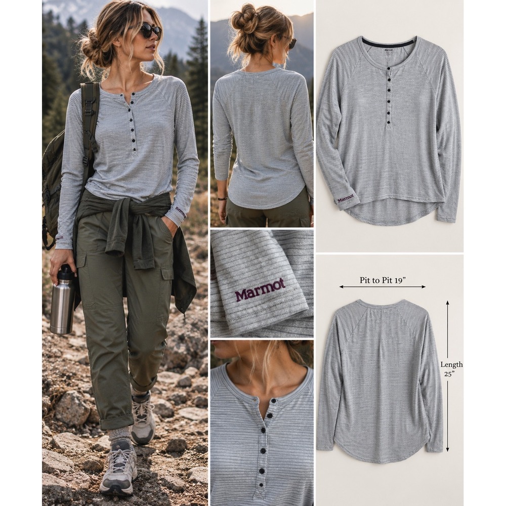 Marmot Women L Gray Striped Henley Long Sleeve Hiking Gorpcore Outdoor Shirt